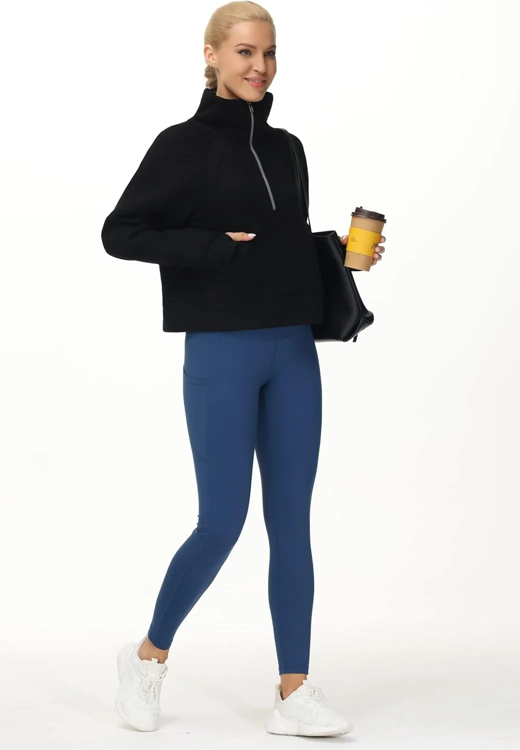 THE GYM PEOPLE Womens' Half Zip Pullover Fleece Stand Collar Crop Sweatshirt with Pockets Thumb Hole