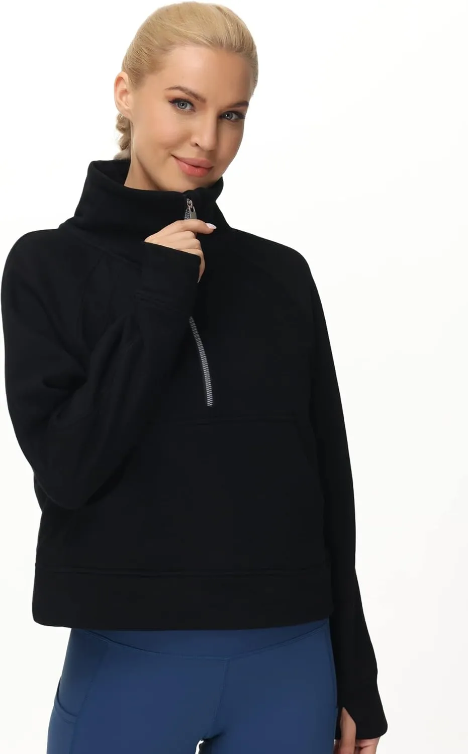 THE GYM PEOPLE Womens' Half Zip Pullover Fleece Stand Collar Crop Sweatshirt with Pockets Thumb Hole