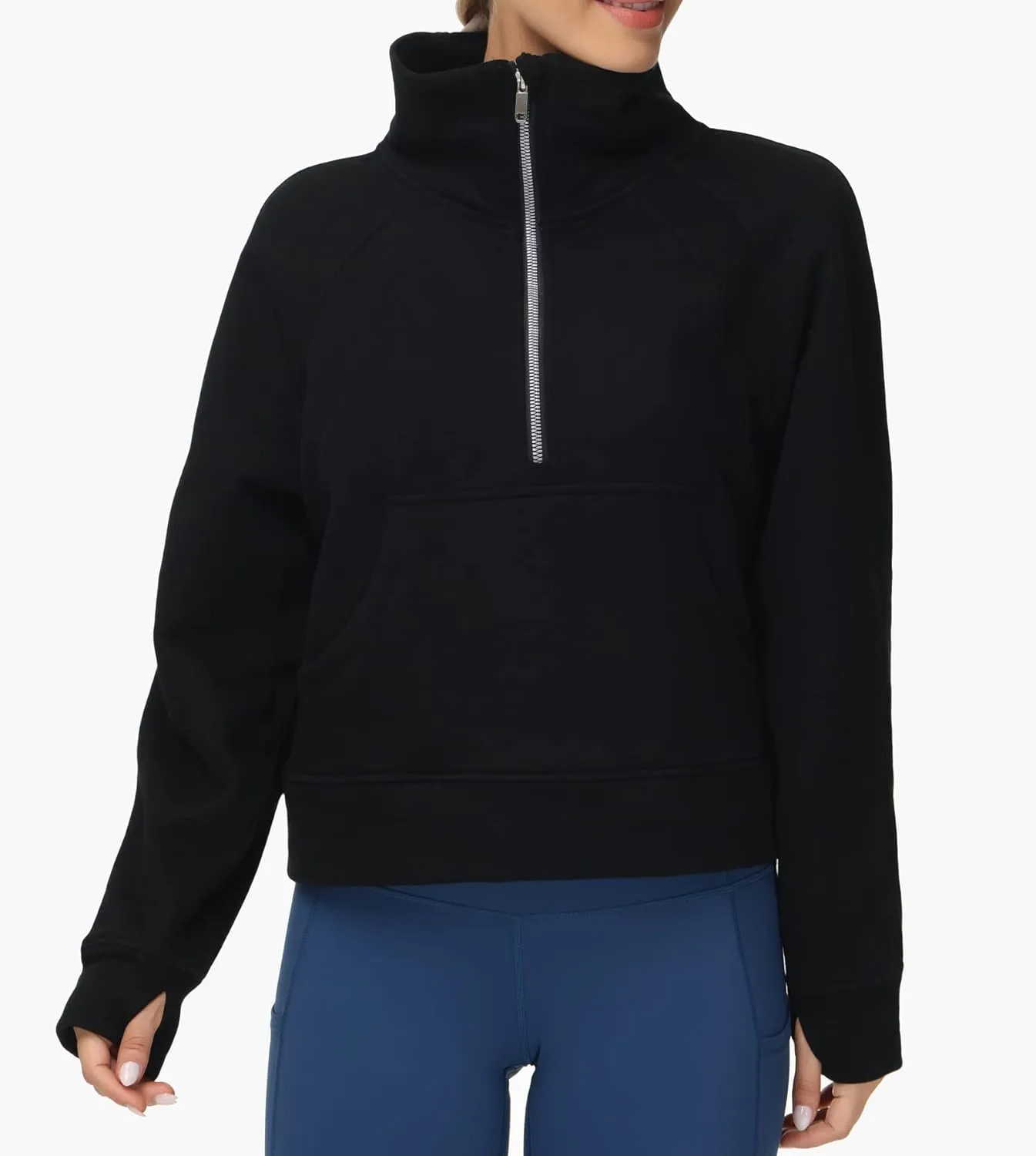 THE GYM PEOPLE Womens' Half Zip Pullover Fleece Stand Collar Crop Sweatshirt with Pockets Thumb Hole