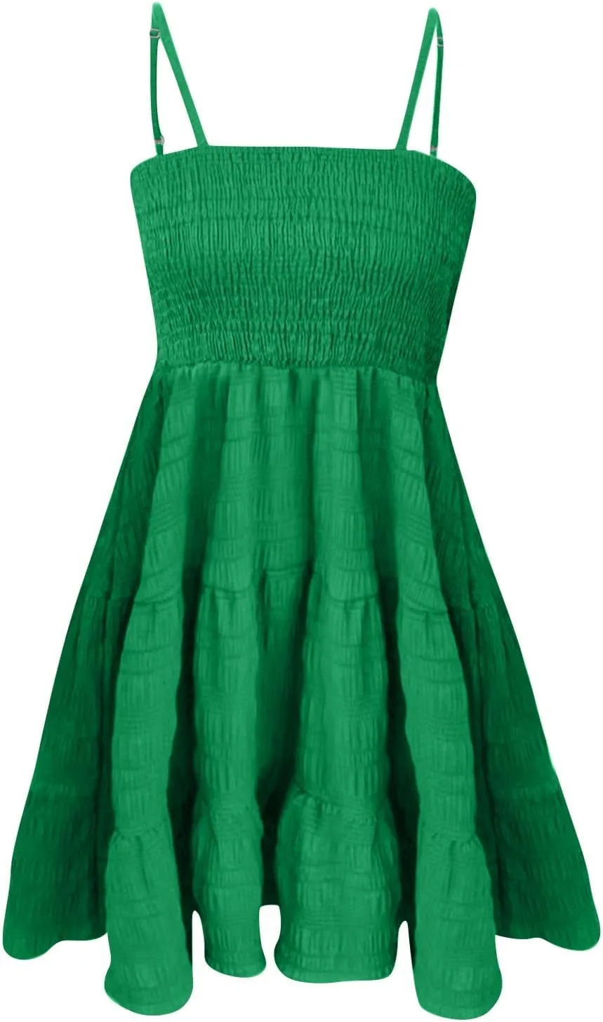 TWGONE Summer Dresses for Teens Spaghetti Strap Cute Short Mini Sundress Women Sleeveless Smock Cami Dress Date Night Outfit