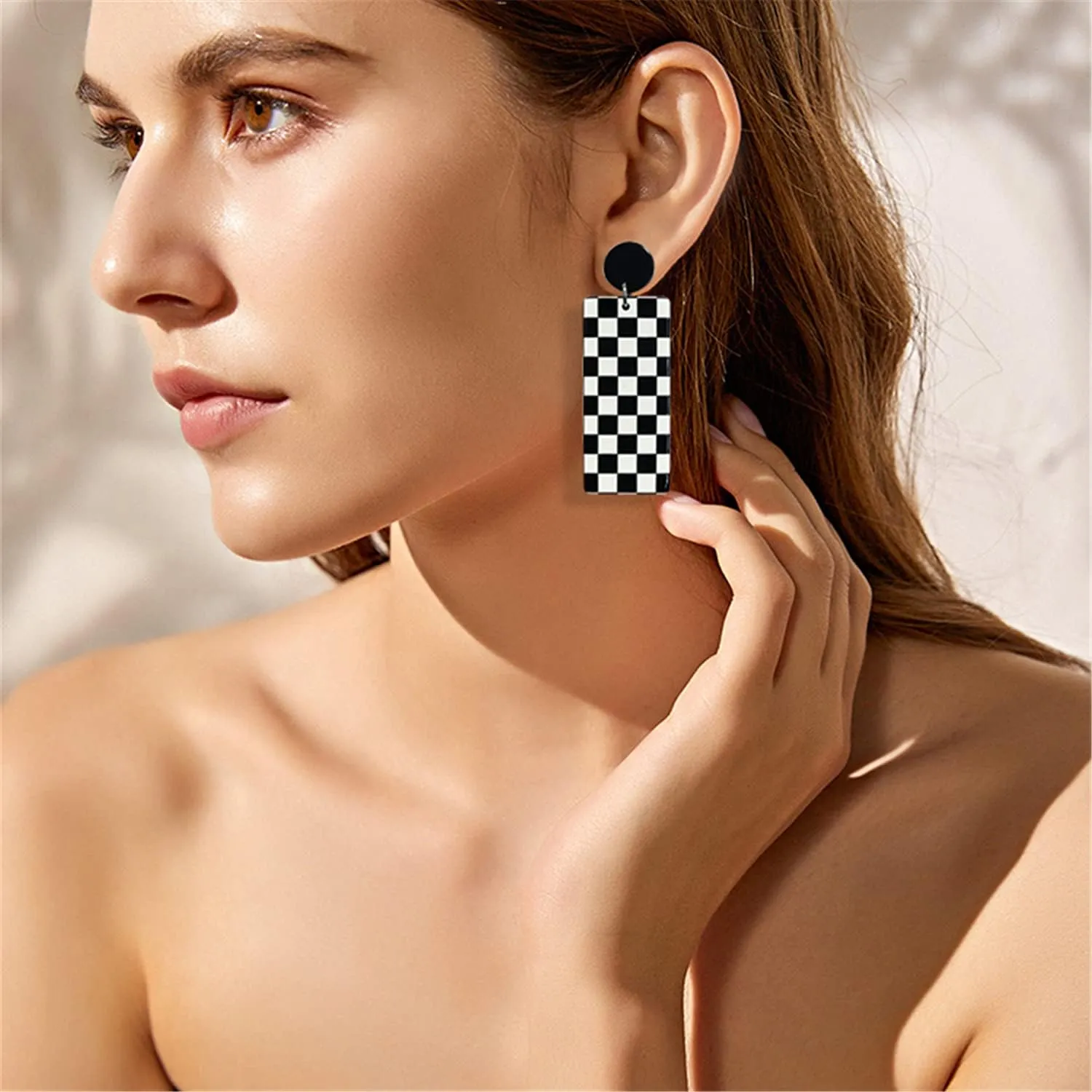 Unique Acrylic Black White Striped Checkered Dangle Drop Earrings Heart Flower Pattern Stud Earrings for Women Statement