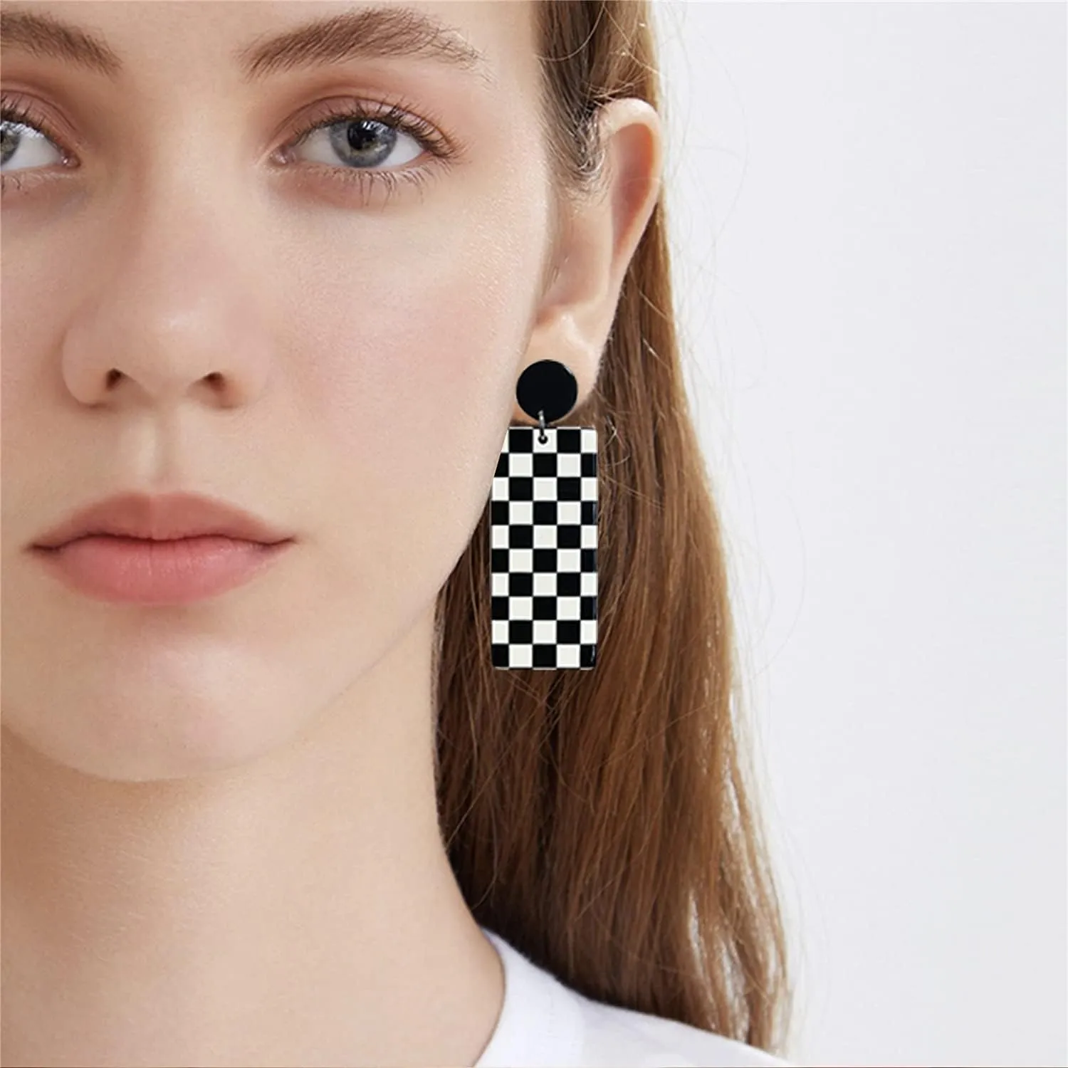 Unique Acrylic Black White Striped Checkered Dangle Drop Earrings Heart Flower Pattern Stud Earrings for Women Statement