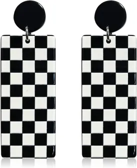 Unique Acrylic Black White Striped Checkered Dangle Drop Earrings Heart Flower Pattern Stud Earrings for Women Statement
