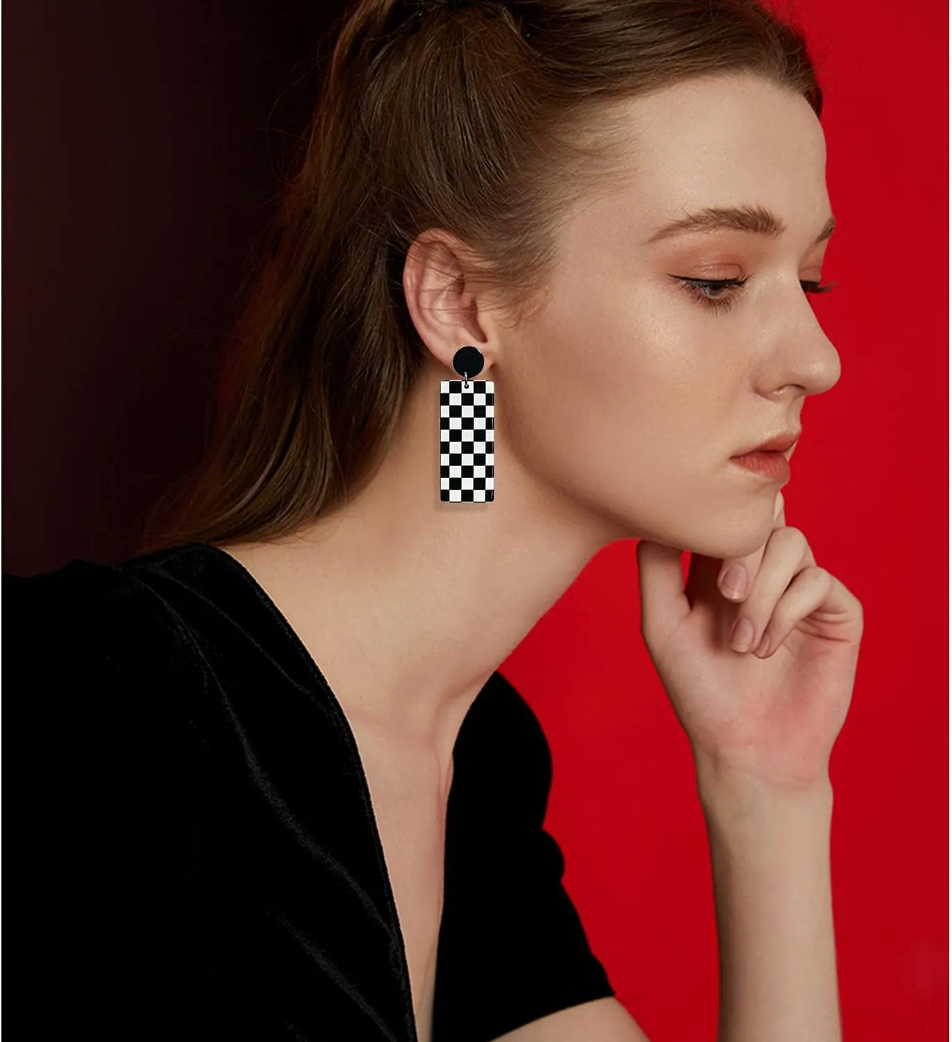 Unique Acrylic Black White Striped Checkered Dangle Drop Earrings Heart Flower Pattern Stud Earrings for Women Statement