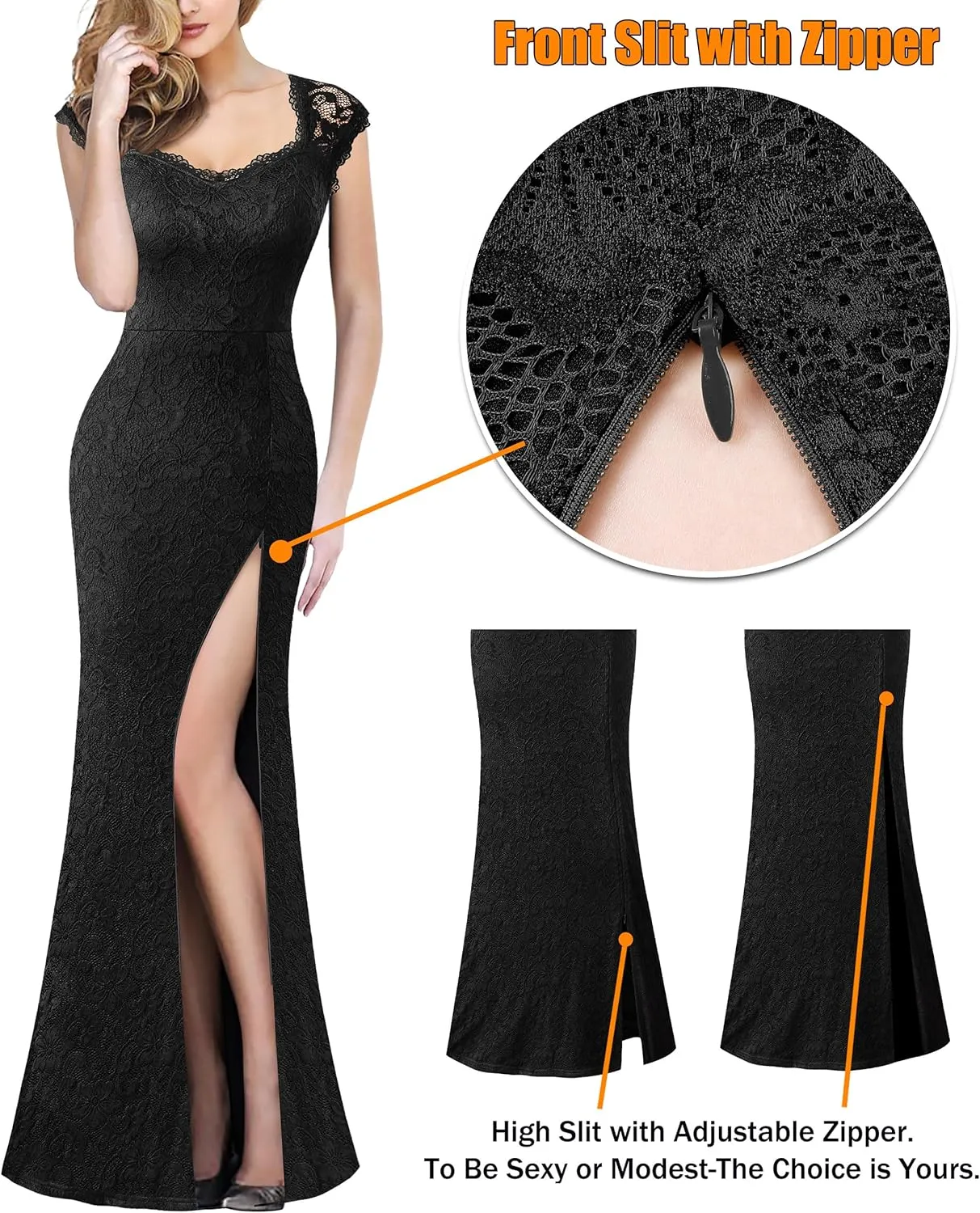 VFSHOW Womens Floral Lace Sweetheart Neck Open Back Zipper High Split Formal Evening Gown Wedding Prom Maxi Long Dress