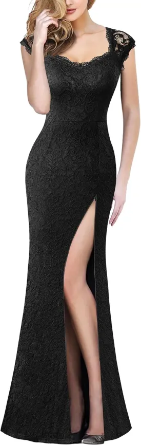 VFSHOW Womens Floral Lace Sweetheart Neck Open Back Zipper High Split Formal Evening Gown Wedding Prom Maxi Long Dress