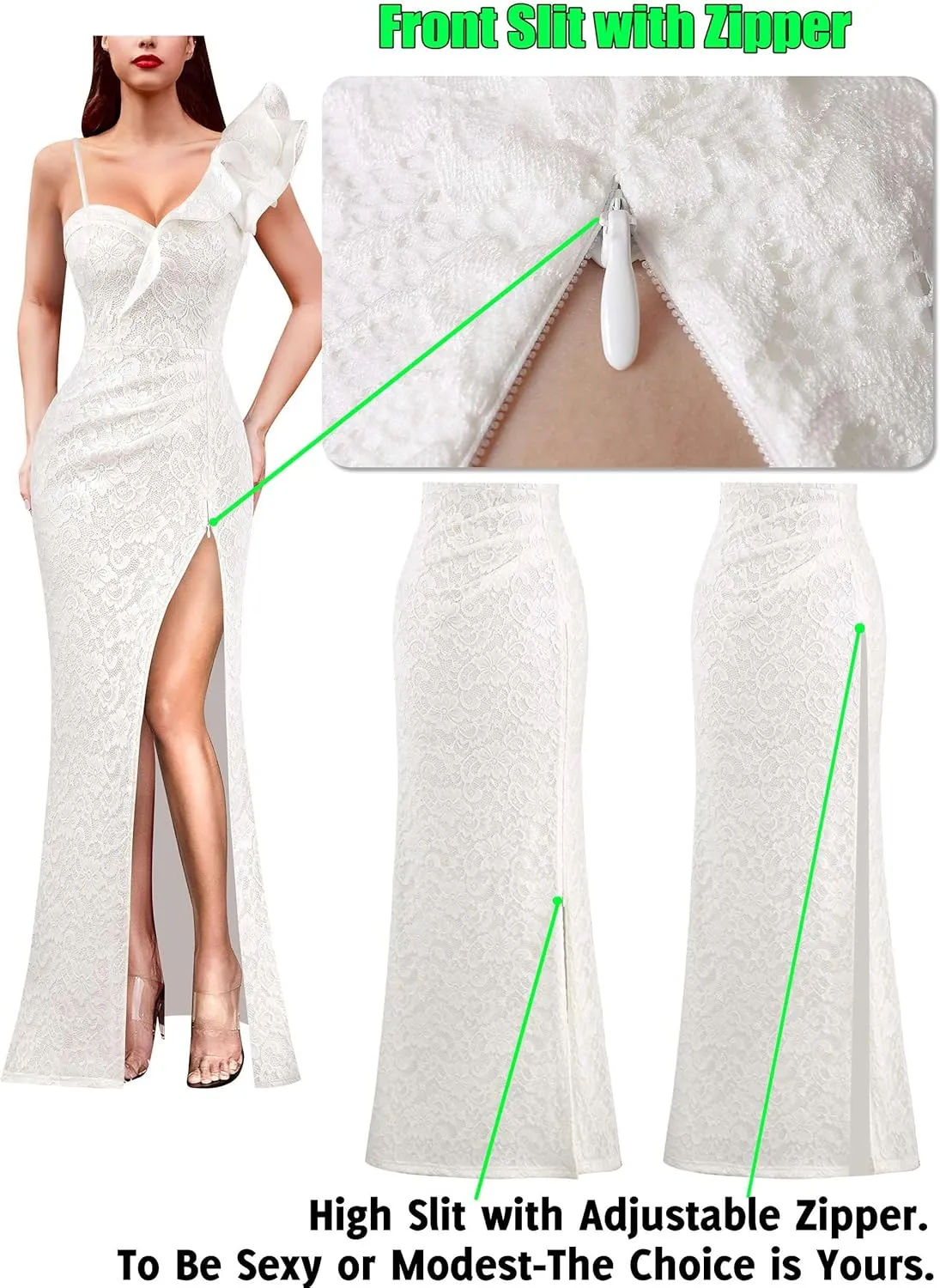 VFSHOW Womens Ruffle One Shoulder Strap Ruched Formal Prom Wedding Maxi Dress V Neck Elegant Split Cocktail Evening Long Gown