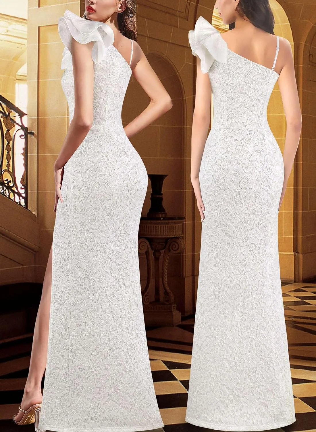 VFSHOW Womens Ruffle One Shoulder Strap Ruched Formal Prom Wedding Maxi Dress V Neck Elegant Split Cocktail Evening Long Gown
