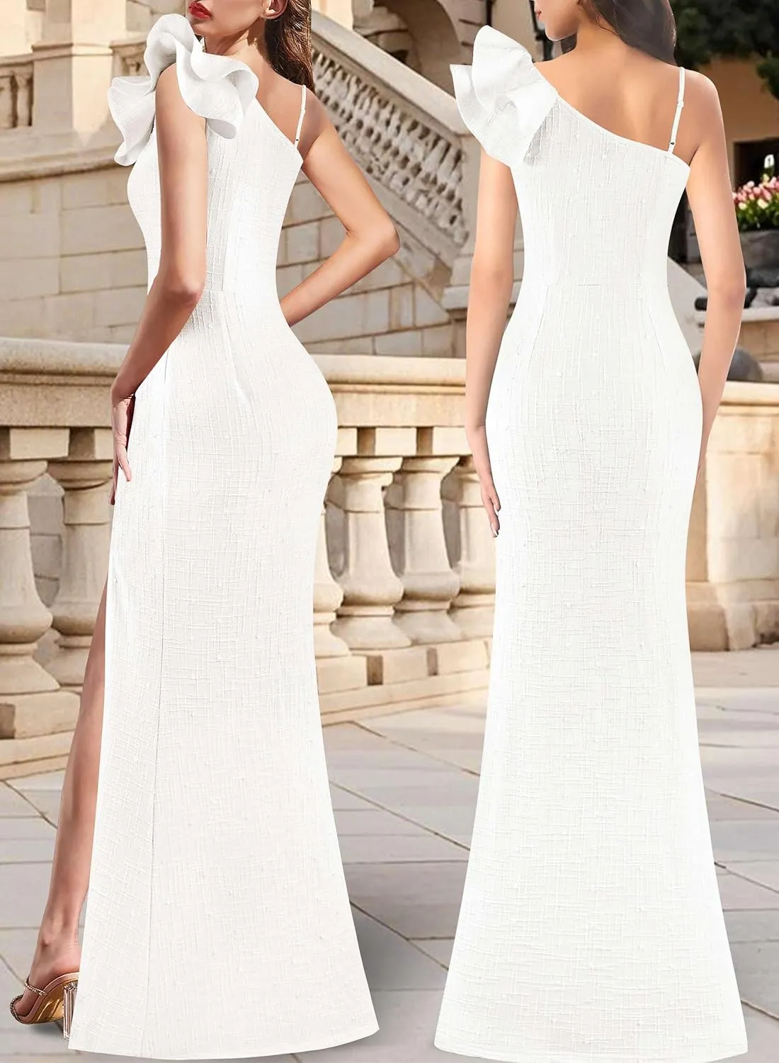 VFSHOW Womens Ruffle One Shoulder Strap Ruched Formal Prom Wedding Maxi Dress V Neck Elegant Split Cocktail Evening Long Gown