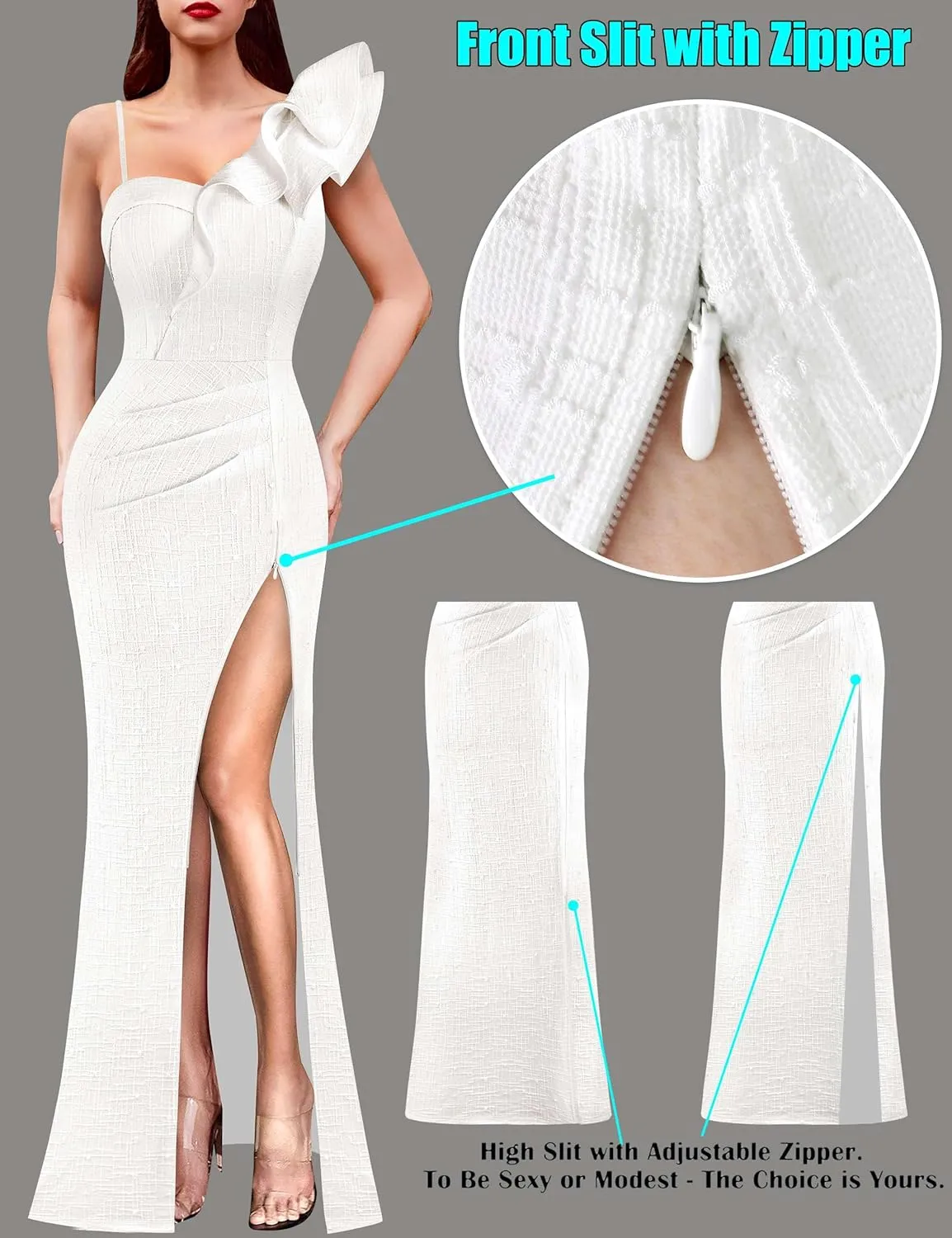 VFSHOW Womens Ruffle One Shoulder Strap Ruched Formal Prom Wedding Maxi Dress V Neck Elegant Split Cocktail Evening Long Gown
