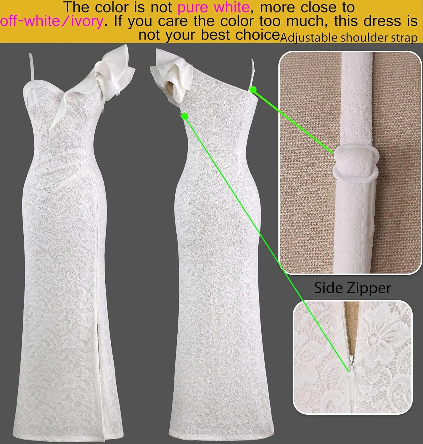 VFSHOW Womens Ruffle One Shoulder Strap Ruched Formal Prom Wedding Maxi Dress V Neck Elegant Split Cocktail Evening Long Gown