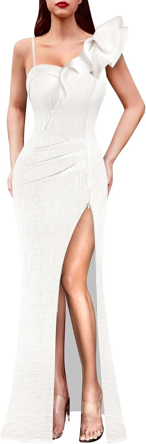 VFSHOW Womens Ruffle One Shoulder Strap Ruched Formal Prom Wedding Maxi Dress V Neck Elegant Split Cocktail Evening Long Gown
