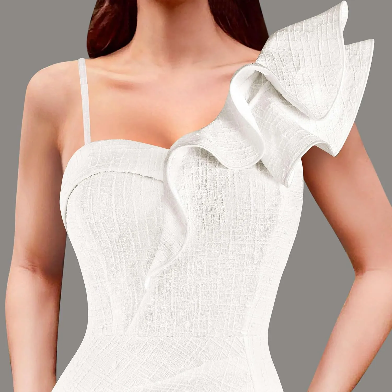 VFSHOW Womens Ruffle One Shoulder Strap Ruched Formal Prom Wedding Maxi Dress V Neck Elegant Split Cocktail Evening Long Gown