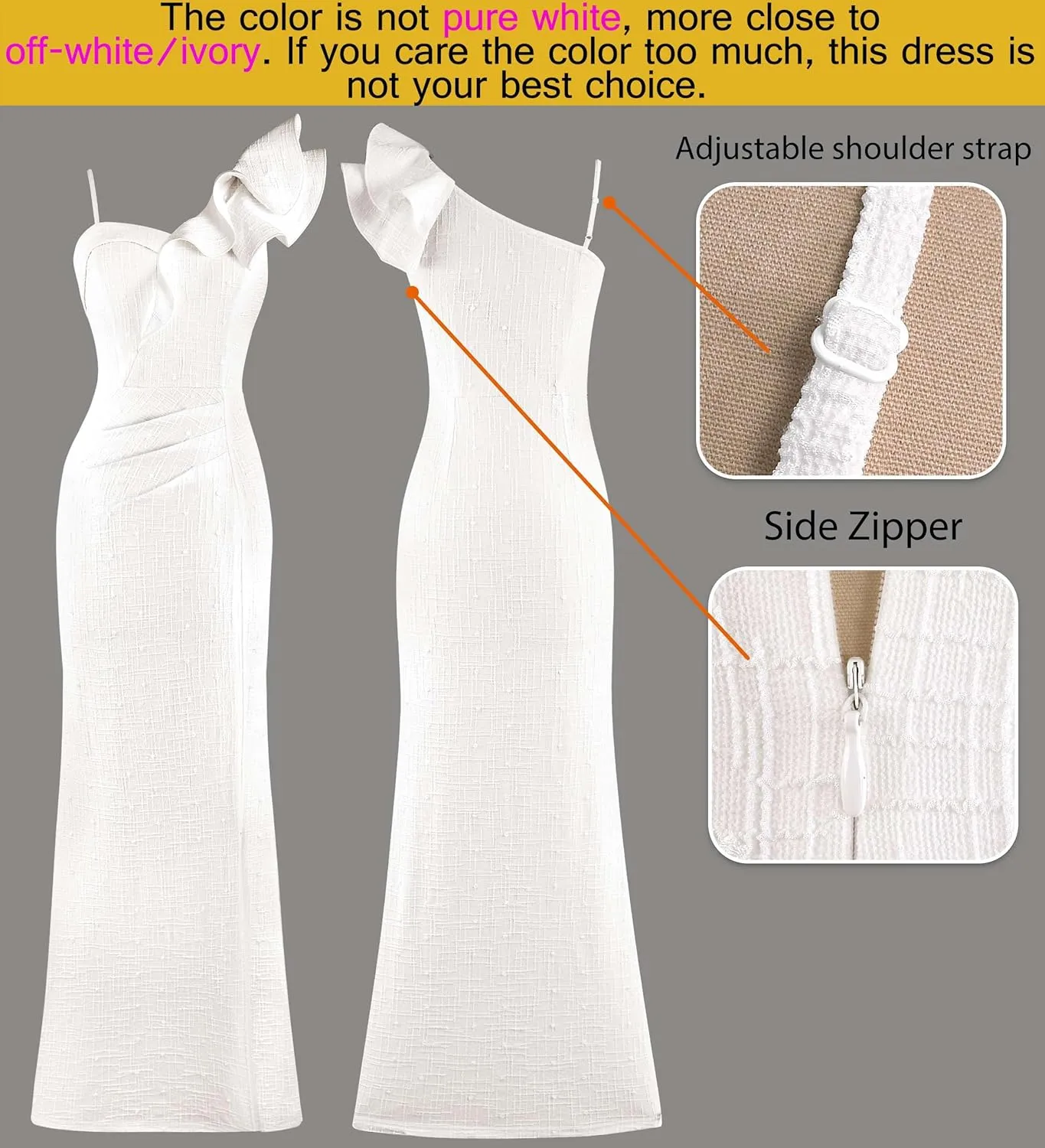 VFSHOW Womens Ruffle One Shoulder Strap Ruched Formal Prom Wedding Maxi Dress V Neck Elegant Split Cocktail Evening Long Gown