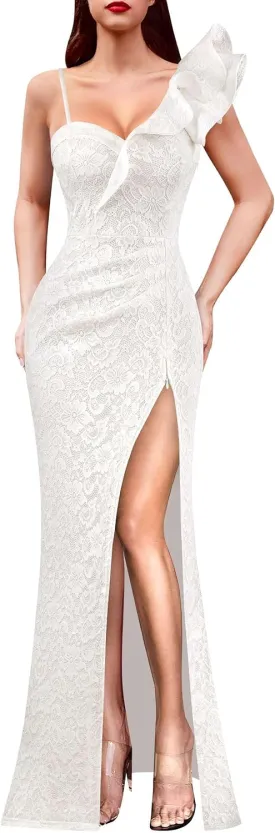 VFSHOW Womens Ruffle One Shoulder Strap Ruched Formal Prom Wedding Maxi Dress V Neck Elegant Split Cocktail Evening Long Gown