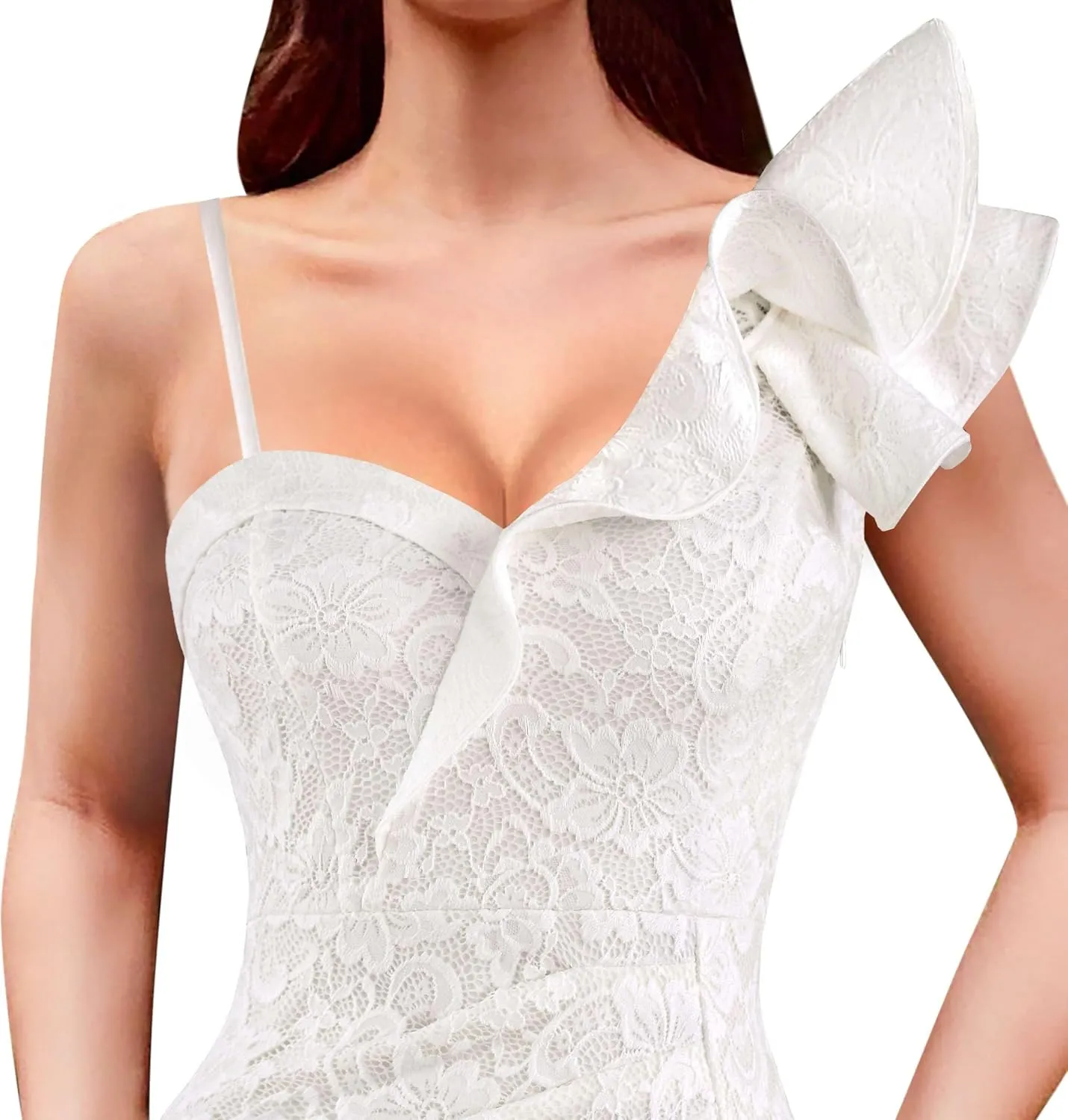 VFSHOW Womens Ruffle One Shoulder Strap Ruched Formal Prom Wedding Maxi Dress V Neck Elegant Split Cocktail Evening Long Gown