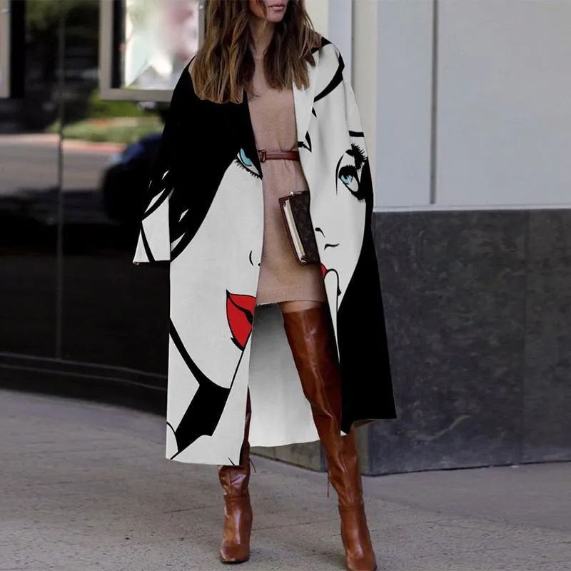 Vintage Abstract Print Cardigan Woolen Coat