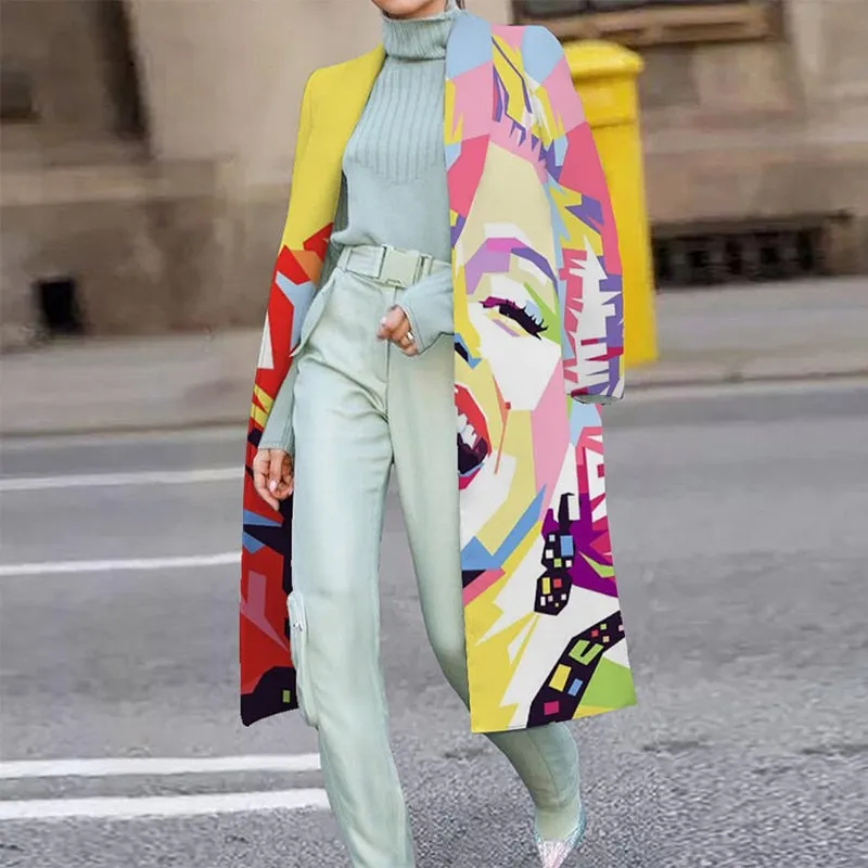 Vintage Abstract Print Cardigan Woolen Coat