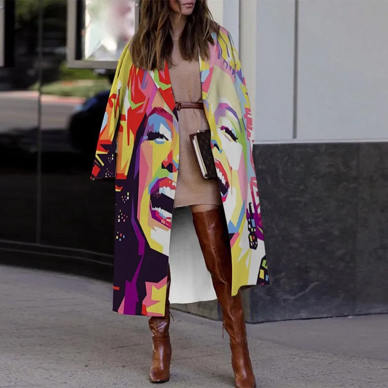 Vintage Abstract Print Cardigan Woolen Coat