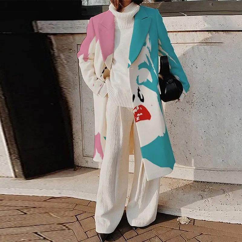 Vintage Abstract Print Cardigan Woolen Coat