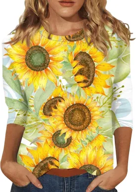 Women Tops Women's Casual 3/4 Length Sleeve Tunic Tops Casual Sunflower Print Loose Blouse Shirts with Leggings