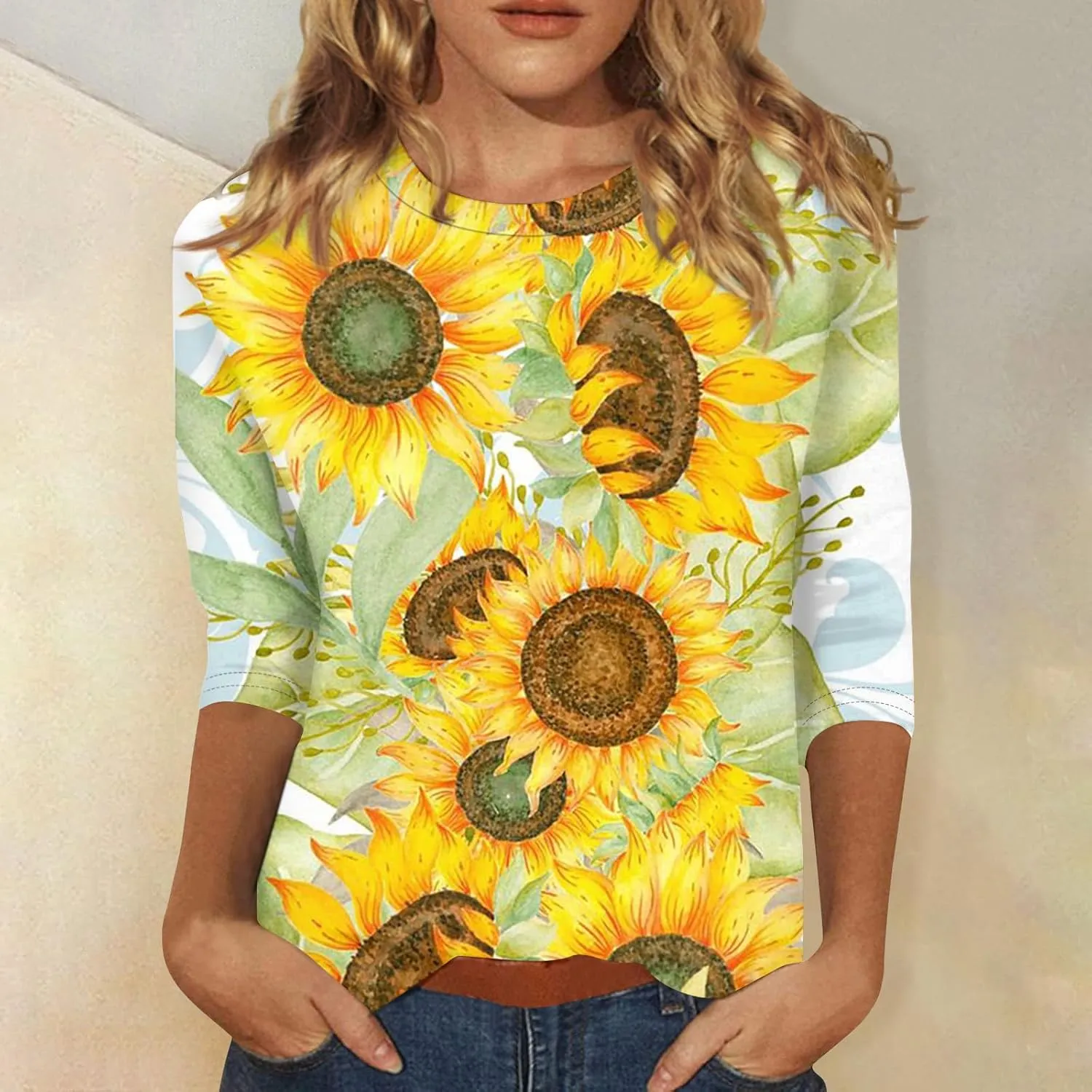 Women Tops Women's Casual 3/4 Length Sleeve Tunic Tops Casual Sunflower Print Loose Blouse Shirts with Leggings