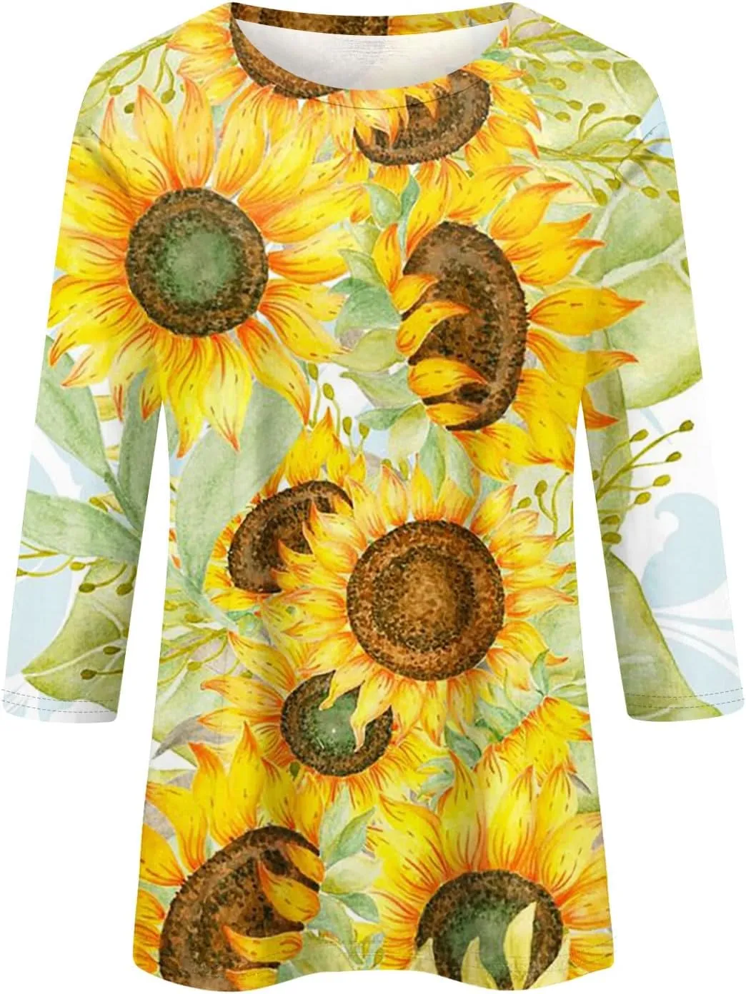 Women Tops Women's Casual 3/4 Length Sleeve Tunic Tops Casual Sunflower Print Loose Blouse Shirts with Leggings