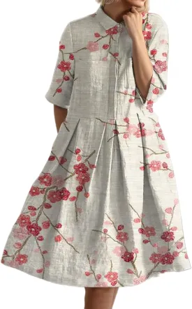 Women's Boho Floral Midi Shirt Dresses Half Sleeve Front Button Pleated A line Summer Beach Party Midi Dress