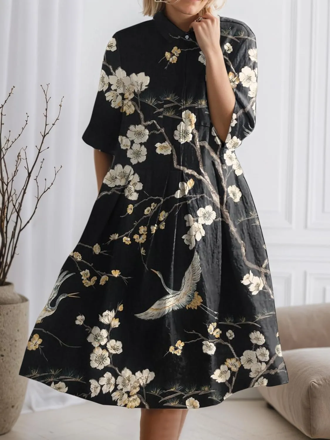 Women's Boho Floral Midi Shirt Dresses Half Sleeve Front Button Pleated A line Summer Beach Party Midi Dress