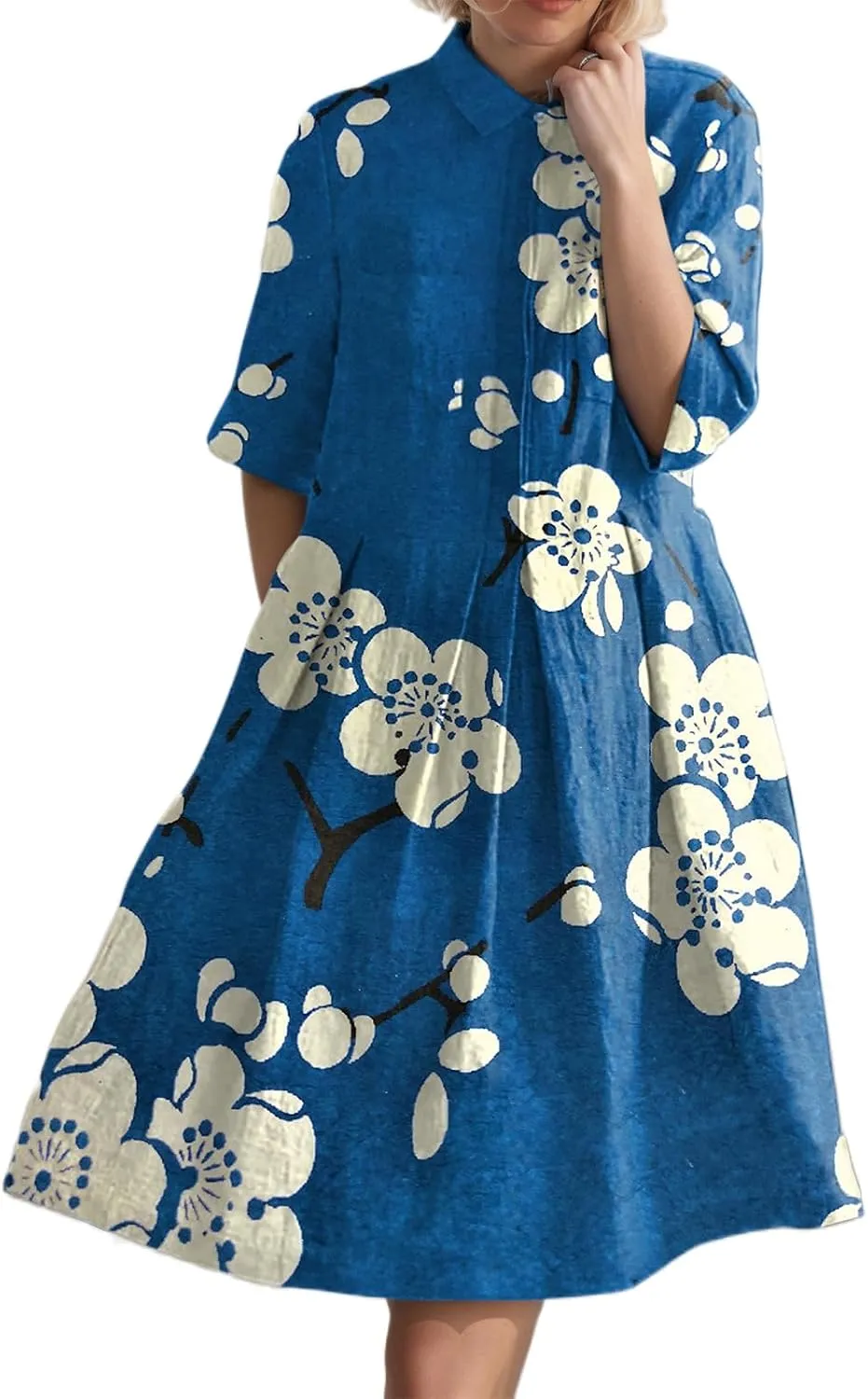 Women's Boho Floral Midi Shirt Dresses Half Sleeve Front Button Pleated A line Summer Beach Party Midi Dress