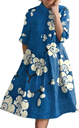 Women's Boho Floral Midi Shirt Dresses Half Sleeve Front Button Pleated A line Summer Beach Party Midi Dress