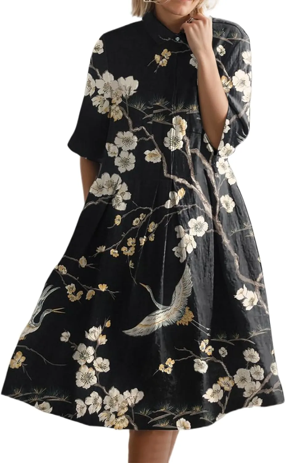 Women's Boho Floral Midi Shirt Dresses Half Sleeve Front Button Pleated A line Summer Beach Party Midi Dress