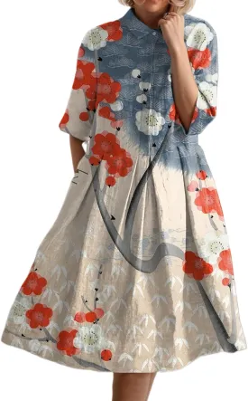Women's Boho Floral Midi Shirt Dresses Half Sleeve Front Button Pleated A line Summer Beach Party Midi Dress