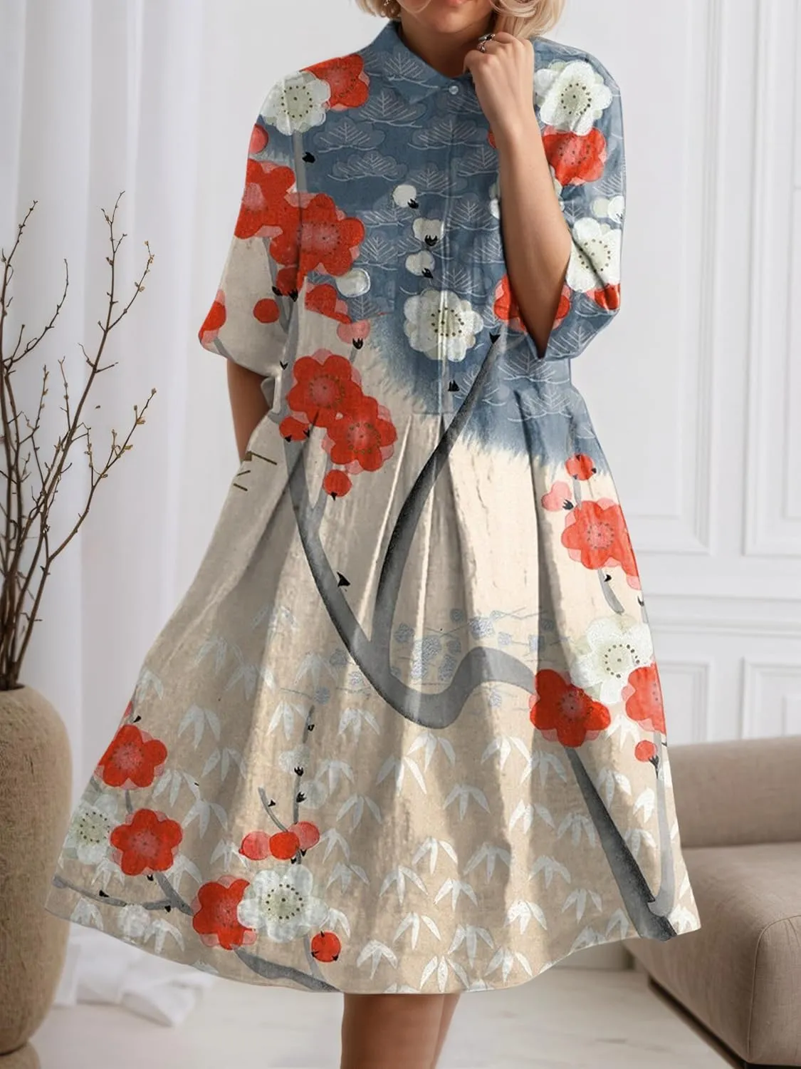 Women's Boho Floral Midi Shirt Dresses Half Sleeve Front Button Pleated A line Summer Beach Party Midi Dress