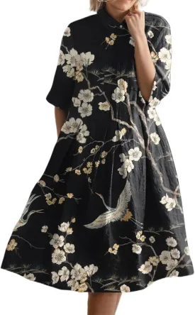 Women's Boho Floral Midi Shirt Dresses Half Sleeve Front Button Pleated A line Summer Beach Party Midi Dress