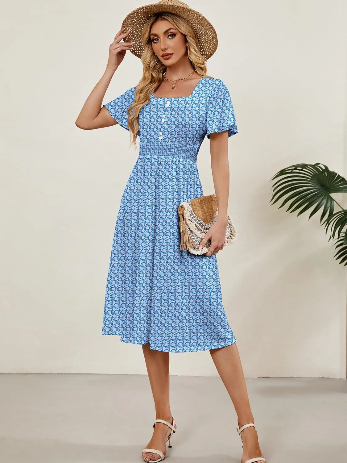 Womens Casual Floral Spring Dresses with Pockets Square Neck Knee Length Milkmaid Summer Sundresses for Women 2025