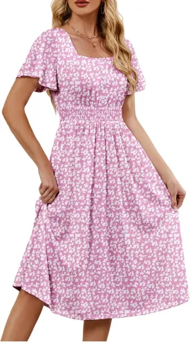 Womens Casual Floral Spring Dresses with Pockets Square Neck Knee Length Milkmaid Summer Sundresses for Women 2025