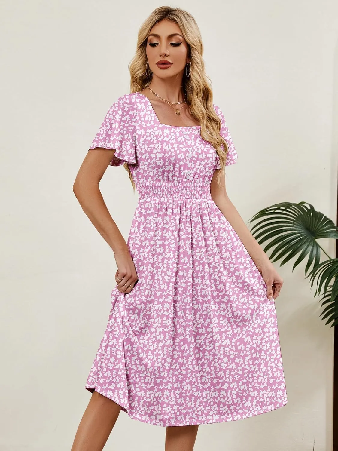 Womens Casual Floral Spring Dresses with Pockets Square Neck Knee Length Milkmaid Summer Sundresses for Women 2025