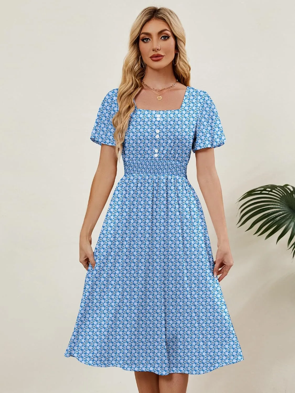 Womens Casual Floral Spring Dresses with Pockets Square Neck Knee Length Milkmaid Summer Sundresses for Women 2025