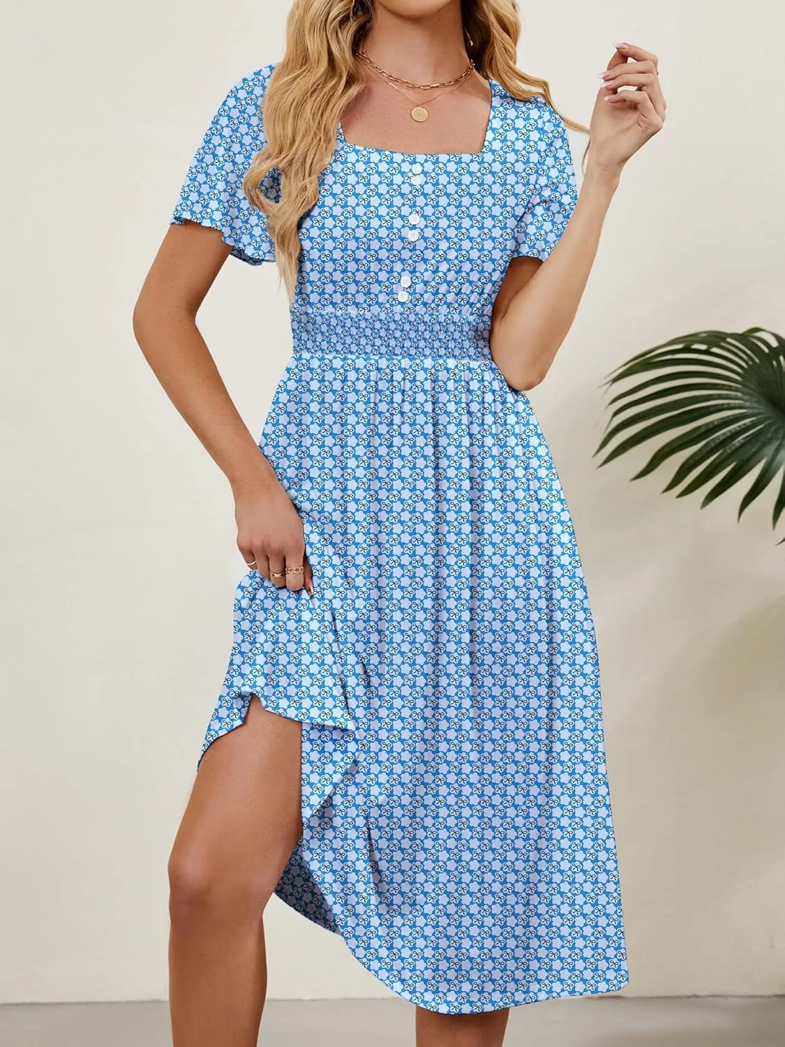 Womens Casual Floral Spring Dresses with Pockets Square Neck Knee Length Milkmaid Summer Sundresses for Women 2025