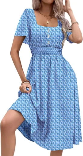 Womens Casual Floral Spring Dresses with Pockets Square Neck Knee Length Milkmaid Summer Sundresses for Women 2025