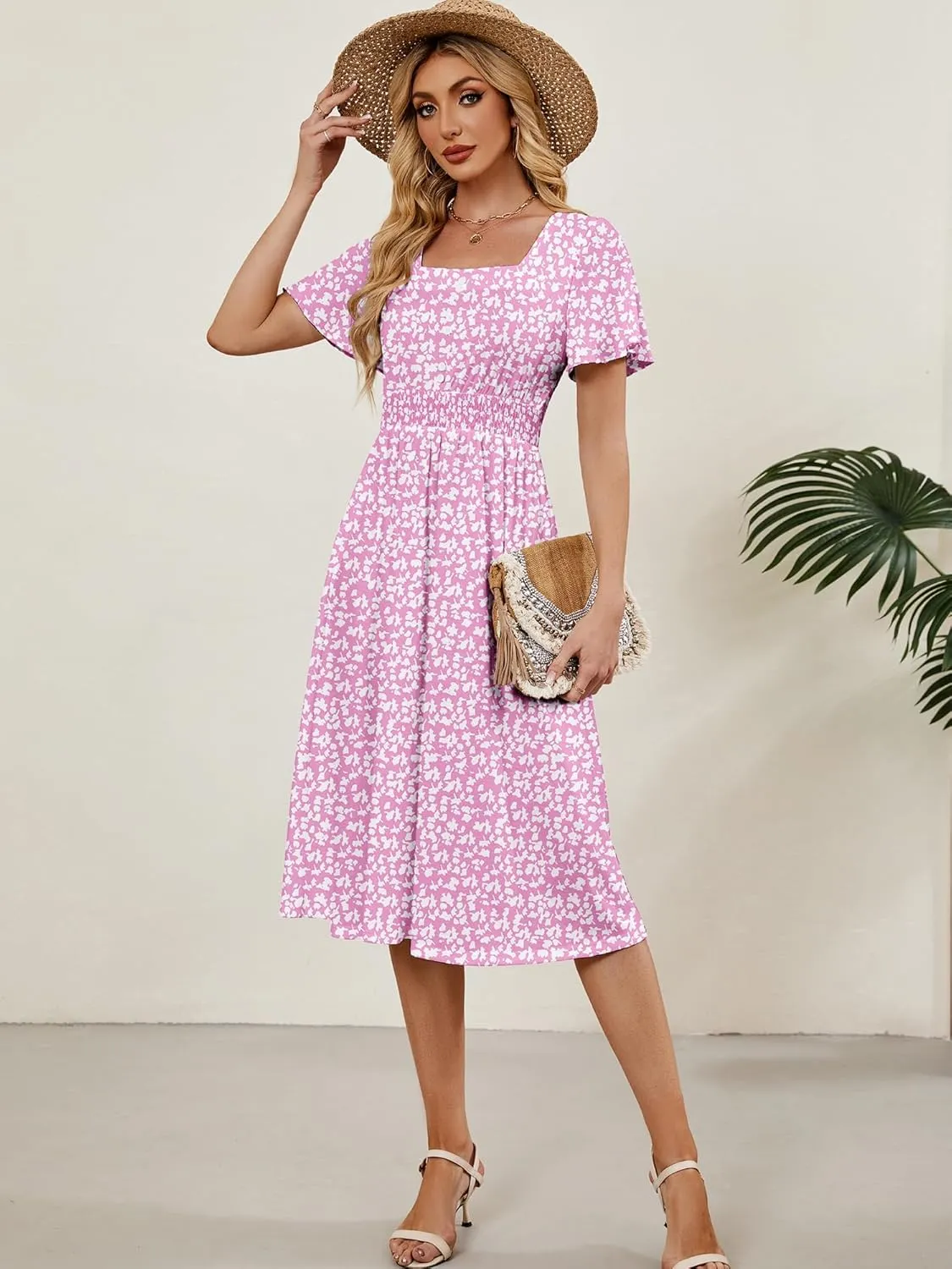 Womens Casual Floral Spring Dresses with Pockets Square Neck Knee Length Milkmaid Summer Sundresses for Women 2025
