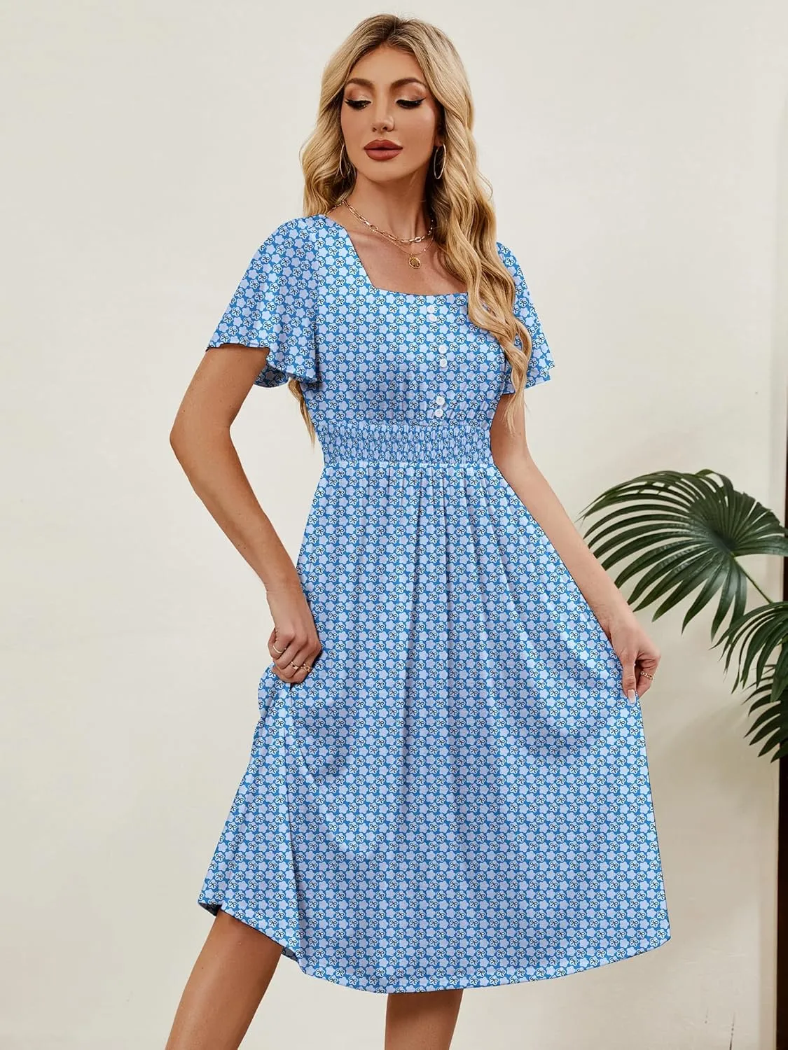 Womens Casual Floral Spring Dresses with Pockets Square Neck Knee Length Milkmaid Summer Sundresses for Women 2025