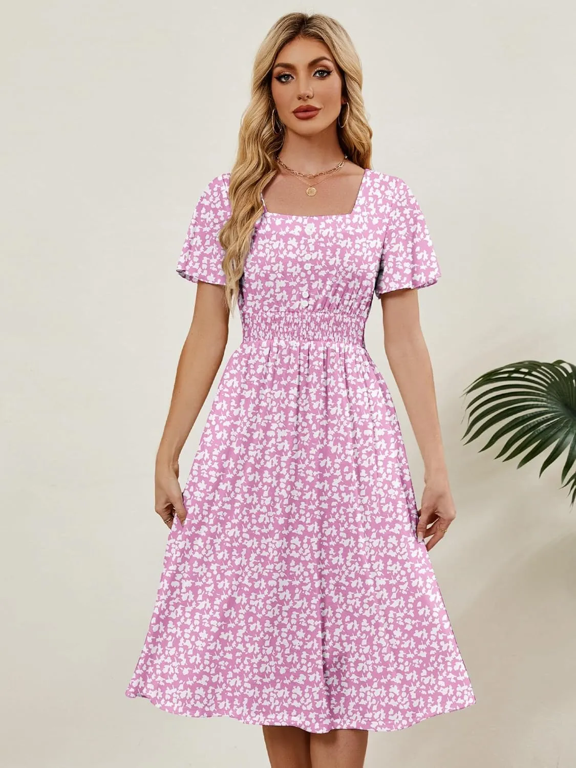 Womens Casual Floral Spring Dresses with Pockets Square Neck Knee Length Milkmaid Summer Sundresses for Women 2025