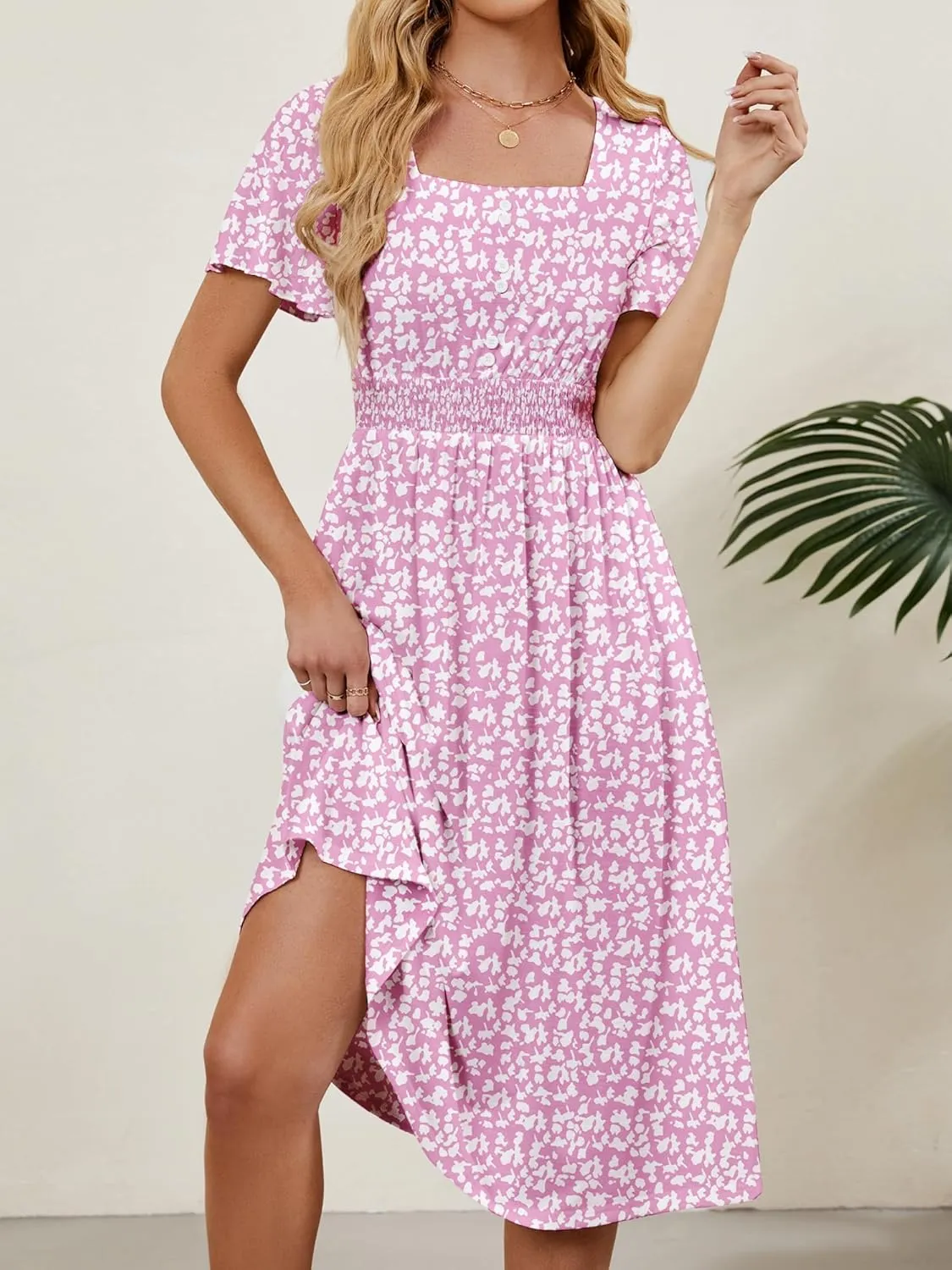 Womens Casual Floral Spring Dresses with Pockets Square Neck Knee Length Milkmaid Summer Sundresses for Women 2025