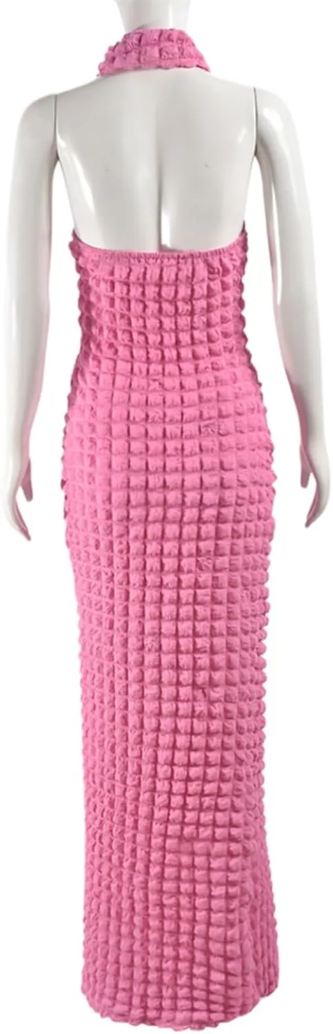 Womens Casual Sexy Halter Sleeveless Sundresses Bubble Textured Backless Prom Cocktail Maxi Dresses