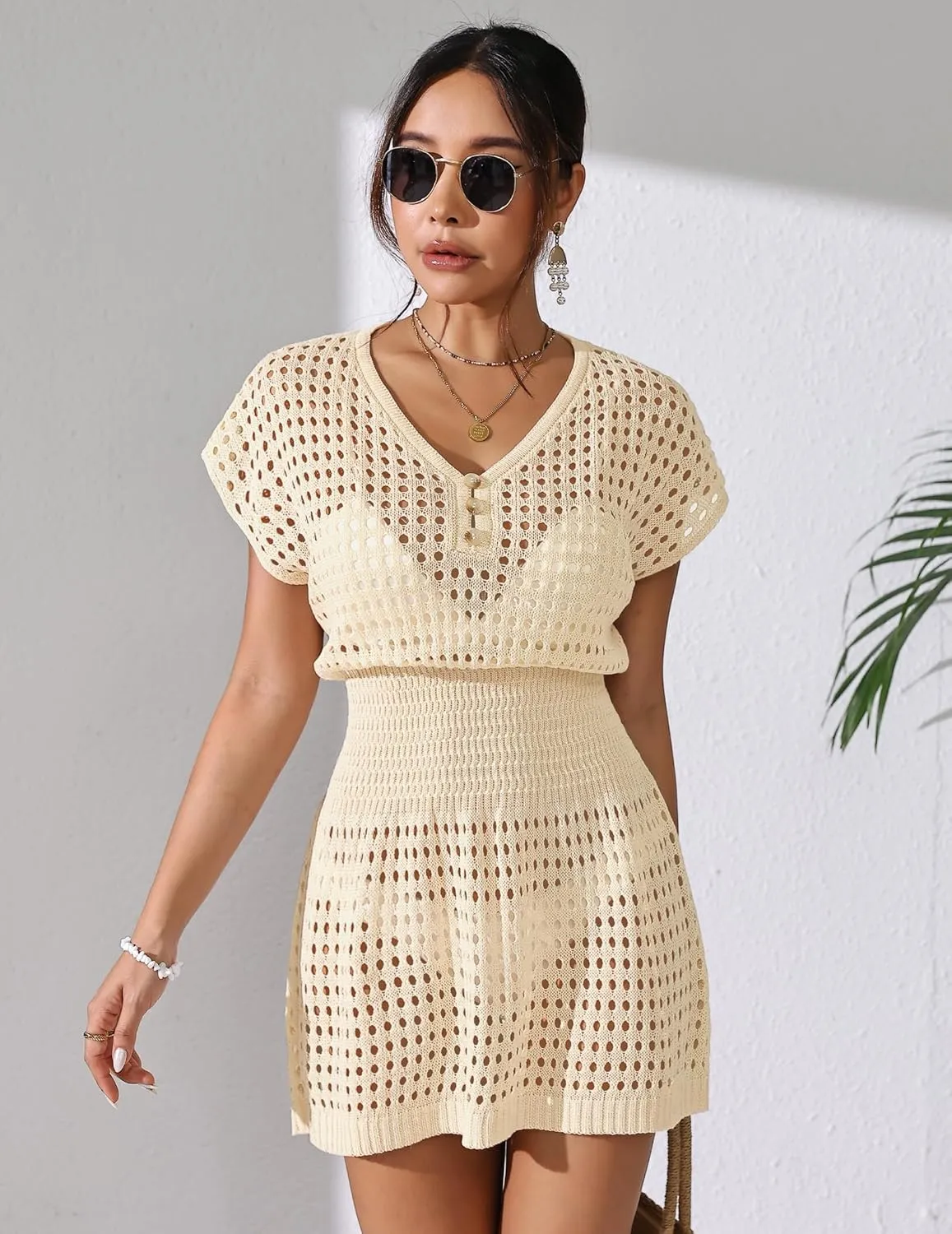 Womens Crochet Knit Cinched Waist Beach Coverup Dress Summer 2025 V Neck Button Cap Sleeve Bathing Suit Cover Up