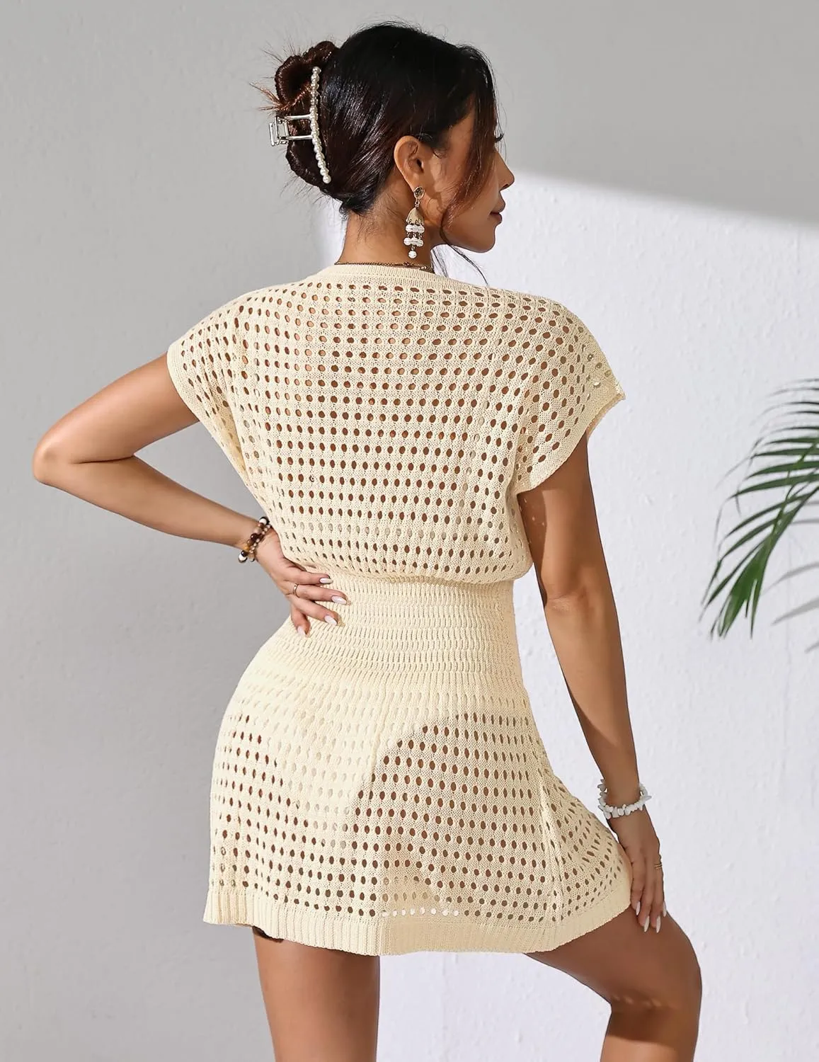 Womens Crochet Knit Cinched Waist Beach Coverup Dress Summer 2025 V Neck Button Cap Sleeve Bathing Suit Cover Up