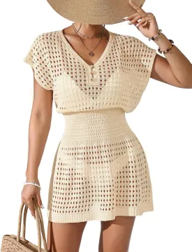 Womens Crochet Knit Cinched Waist Beach Coverup Dress Summer 2025 V Neck Button Cap Sleeve Bathing Suit Cover Up