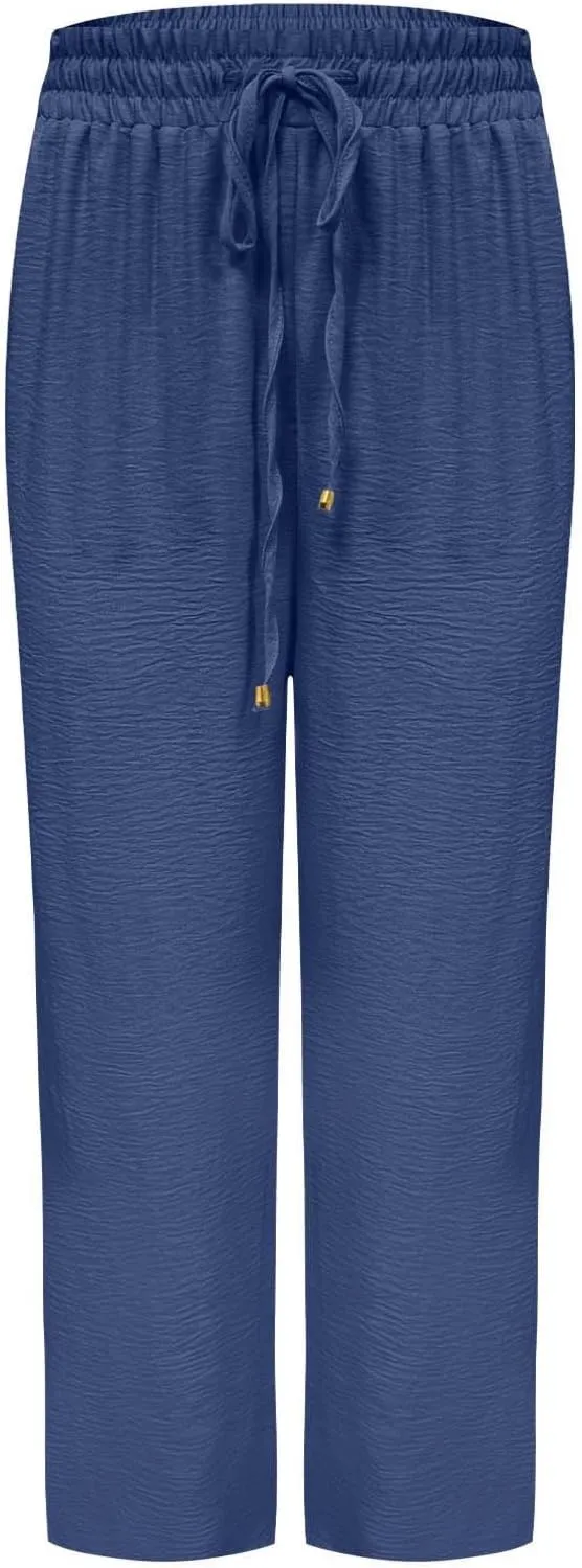 Womens Drawstring Waist Pants Soft Cotton Linen Straight Leg Trousers with Pockets Casual Relaxed Fit for Travel 2025